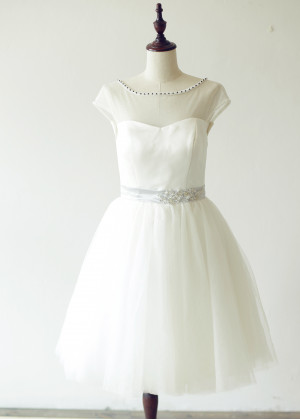 Sheer Cap Sleeves Ivory Tulle Chic Short Wedding Dress